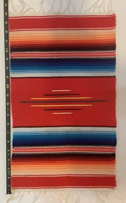 Vtg WOOL RED MULTI MEXICAN TABLE RUNNER Tlaquepaque, Jal  20 x 12  - Image 1 of 3