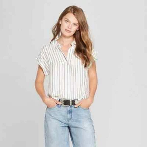 Women's Striped Short Sleeve Popover Shirt - A New Day White/Black XL - Picture 1 of 3