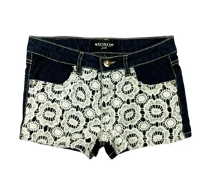 XOXO Denim Shorts Girls Size 14 Stretchy Dark Jean Shorts w Lace Overlay - Picture 1 of 7