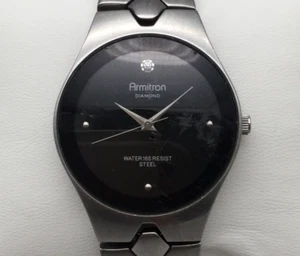 Armitron Diamond Watch Mens 35mm Stainless Steel Black Dial New Battery 7.5" - Picture 1 of 15