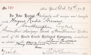 1903 Beech Creek Railroad certificato di trasferimento stock/obbligazioni - Pennsylvania - Foto 1 di 1