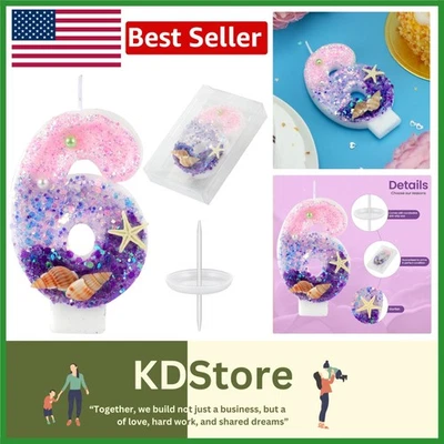 Velas de cumpleaños número 6 rosa y púrpura con temática de sirena con caracolas, estrellas de mar... Foto 1 de 4