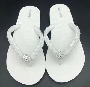 White Satin Rhinestone Flower Girl Flip Flops Wedding Flip Flops Girl Size 5/6 - Picture 1 of 5