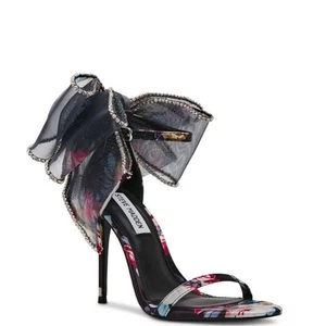 STEVE MADDEN NWT Benni-R Satin Floral Rhinestone Mesh Bow Open Toe Heels 9 - Picture 1 of 10