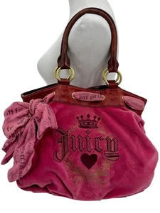 RARE Vintage Y2K Juicy Couture Pink Velour Vegan Leather Embroidered Logo Bag - Picture 1 of 24