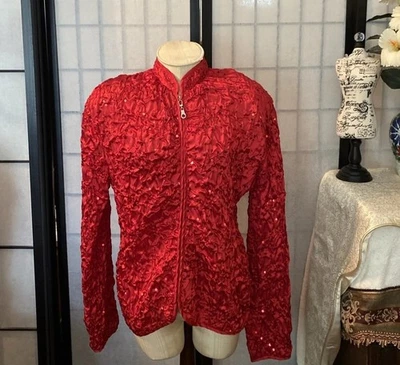 MSK Women M Red Ruched Sequin Sparkle Bling Blazer-GORGEOUS JACKET (Read) - Image 1 of 4