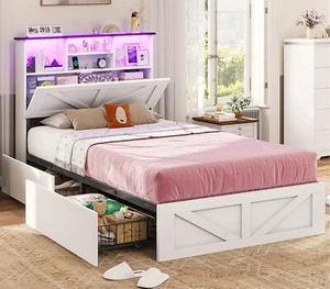 Farmhouse Bed Frame Twin Size with LED Bookcase Storage Headboard,4 Drawer,White - Picture 1 of 7