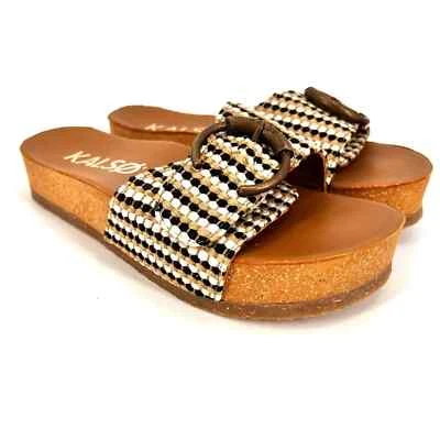 Sandália Kalso Earth Shoe Sway salto negativo cortiça tamanho 7,5 EUA tecido preto bronzeado - Imagem 1 de 4