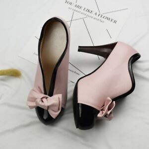 Women Round Toe Med Heels Bow Block Causal Pump Party Dress Fashion Splice Shoes