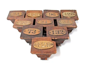 SET O F 10 OAK BLOCKS WITH OVAL BRASS NUMBER TAGS POST OFFICE LOCKER ROOM SCHOOL - Picture 1 of 16