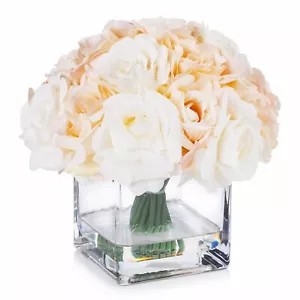 18 Stück Künstliche Rosen Blumengesteck in Würfel Glas Vase für Home Office - Bild 1 von 24