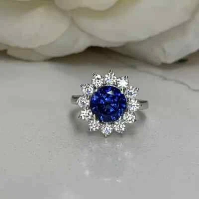 Anillo de compromiso redondo de diamantes con zafiro natural de 2,00 quilates platino 950 talla 6 7 8 Foto 1 de 4
