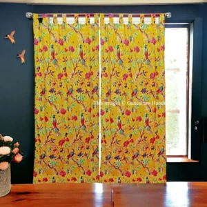2 Piece Indian Vintage Cotton Bird Print Boho Drapes Window Decor Yellow Curtain - Picture 1 of 4