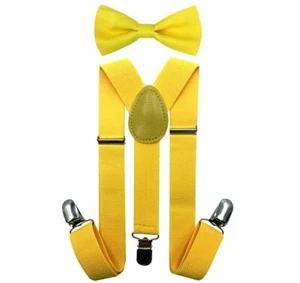 Kids Yellow Color Suspender & Bowtie - Children Toddler Baby Elastic Combo Set - Picture 1 of 7
