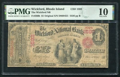 1865 $1 THE WICKFORD NATIONAL BANK OF RHODE ISLAND CH. #1592 PMG VG-10 *RARE* - Image 1 of 2