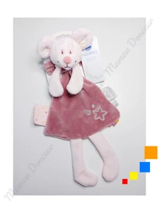 Doudou Plat/Mouchoir Mia Souris Robe Rose Mauve Argenté Étoiles Noeud - Noukies - Foto 1 di 4