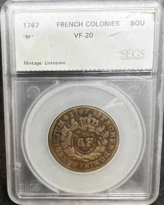 1767A French Colonies Counterstamped "RF" 1 Sou - Image 1 of 2