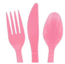 Heavy Duty Plastic Cutlery Set - 16 Spoons, 16 Forks, 16 Knives - Pink 48 Total