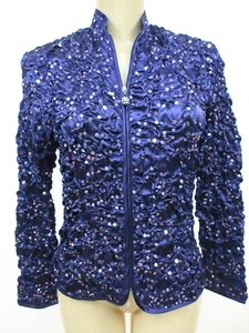 Sequin Jacket ADRESSING WOMAN Purple Stretchy Satin Zip Blazer XS NEW - Picture 1 of 8