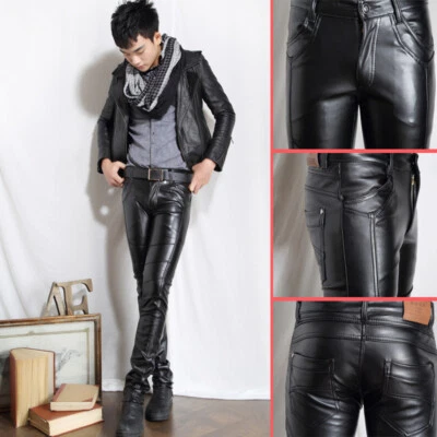 Hommes Simili Cuir Pantalon Slim Ajusté Fête Clubbing Serré Motard Pantalon Punk - Photo 1/4
