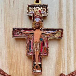 Large 3D San Damiano 3" Crucifix Wood Pendant Cross Paracord Necklace Catholic - Picture 1 of 4