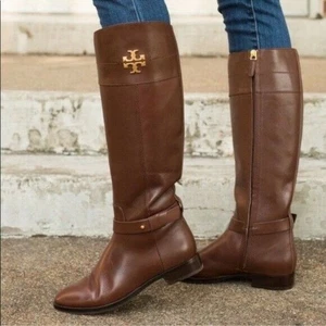 TORY BURCH EVERLY LEATHER RIDING BOOTS BOOT DARK ALMOND SIZE 6.5 - Picture 1 of 12