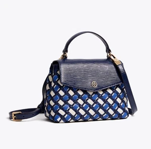 TORY BURCH Women's Robinson Woven Small Top-Handle Satchel Royal Navy 54663 - Picture 1 of 4
