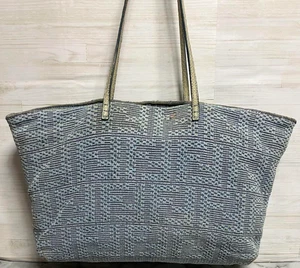 FENDI Zucchino Tote Bag in Canvas Leather Denim Snake FF Monogram Blue and Gray - Picture 1 of 24