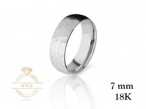 18K White Solid Gold 7mm Low Dome Wedding Band Ring - Comfort Fit - Hammered - Picture 1 of 9