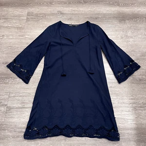 Zara Basic Shift Tunic Dress Womens XS Blue Lace 3/4 Sleeve Knee Minimal Casual - Picture 1 of 17