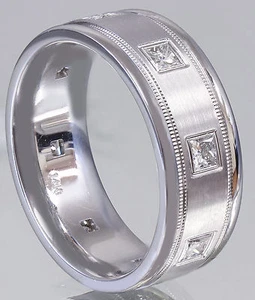 14k Whie Gold Princess Cut Diamond Mens Band Ring Eternity Filigree 0.40ct 7mm - Picture 1 of 2