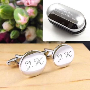 Engraved Personalised Silver Oval Monogram Initial Cufflinks Men's Gift - Picture 1 of 3