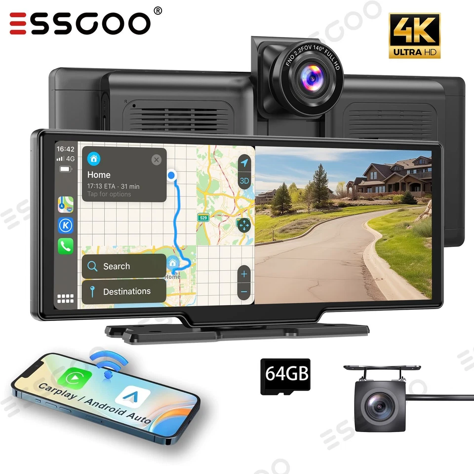 Autoradio portatile 10.26" 4K Dash Cam CarPlay Android auto + fotocamera 1080P - Immagine 1 di 4