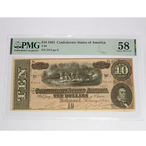 1864 PMG 58 CSA Confederate States of America $10 Ten Dollar Note T-68 #51648F - Picture 1 of 2