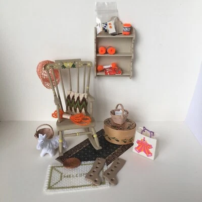 1:12 scale dollhouse miniature rocking chair, yarn shop signs, Scotty dog, shelf - Image 1 of 4