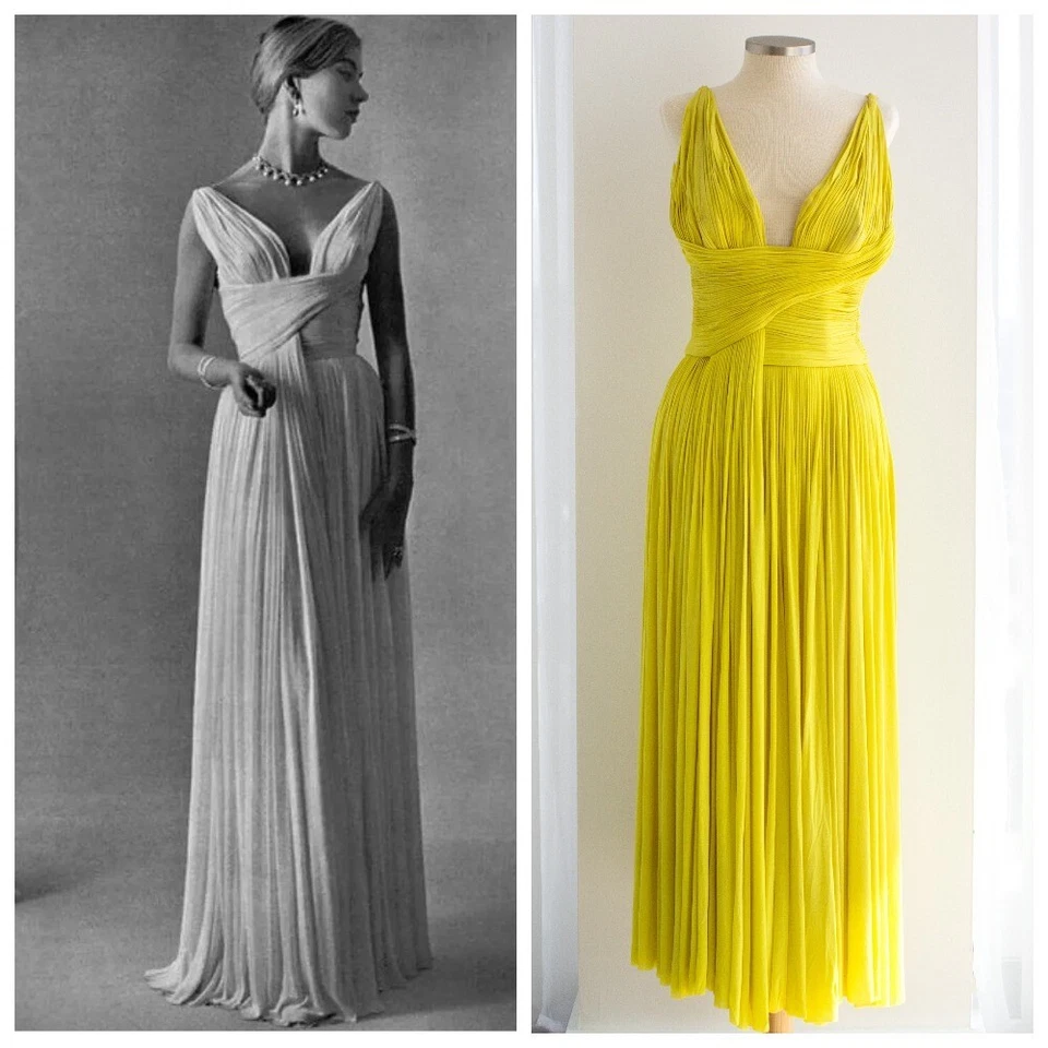 Vestido helênico Madame Grès Haute Couture 1956 plissado Chartreuse jersey amarelo - Imagem 1 de 4