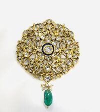22 Kt Gold Big Kundan pendant studded with Uncut Diamonds Polki , Emerald Bead