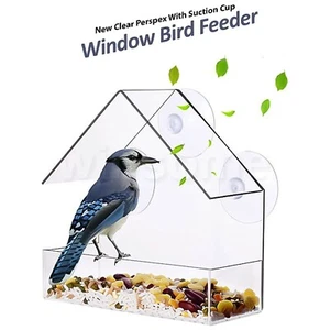 GLASS WINDOW CLEAR VIEWING BIRD FEEDER TABLE SEED PEANUT HANGING SUCTION PERSPEX - Picture 1 of 11