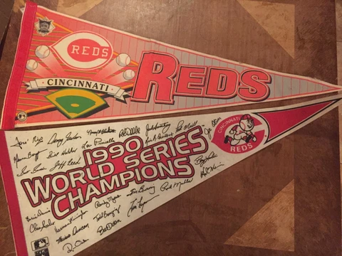 CINCINNATI REDS PENNANT LOT X2- 30X12"- 1990 WORLD SERIES Cover