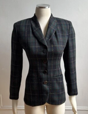 Blazer xadrez vintage década de 1980 verde, amarelo, vermelho escolar menina botão tamanho 0 - Imagem 1 de 4
