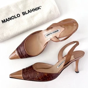MANOLO BLAHNIK | Vintage SlingBack Pointed Toe Kitten Heel Leather Brown Tan 40 - Picture 1 of 15