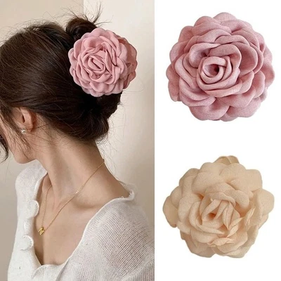 2 PCS Beige Pink Fabric Rose Flower Hair Claw Clip for Women Girls Fashion - Image 1 of 4