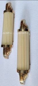 Pair Antique Old Vintage Art Deco Skyscraper Brass & Cream Glass Rod Ship Light - Picture 1 of 4