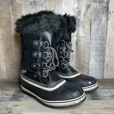 Womens Sorel Joan Of Arctic Black Suede Waterproof Faux Fur Winter Boots Size 8 - Image 1 of 4