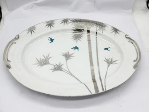 PIATTO DA PORTATA VINTAGE PORCELLANA GIAPPONESE BAMBÙ E UCCELLINO BLU DESIGN PIATTO - Foto 1 di 9
