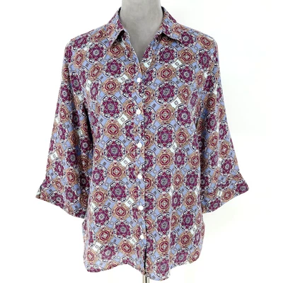 Blusa Chicos Top 1 Mujer 8 Mediana Lino Azul Rosa Paisley Sin Hierro Túnica Botón Foto 1 de 4