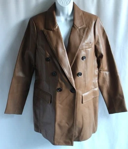 BCBG Max Azria Womens L Cognac Brown Vegan Leather Double Breasted Button Coat - Picture 1 of 8
