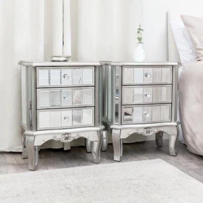 Pair mirrored bedside tables bedroom living room furniture French shabby chic - Image 1 of 4
