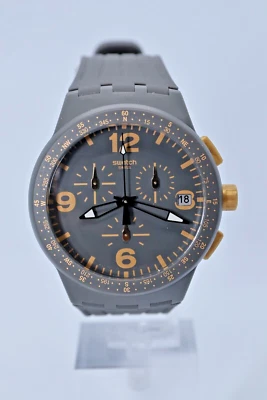 NEW Swatch Swiss Gordon SUSA401  Plastic Analog Gray Gold Watch Chronograph 42MM - Image 1 of 4