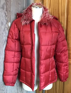 80s Vintage Hooded Puffer Jacket Red Faux Fur Collar Retro Hipster - AS IS - Picture 1 of 12